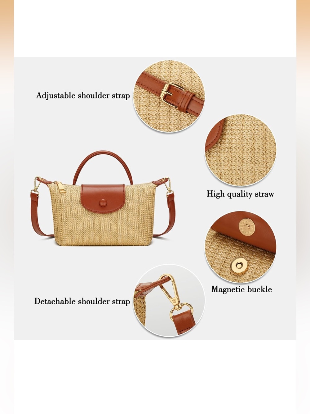 NWT Woven Straw Crossbody Tote with Cognac Brown Trim - Picture 5 of 7